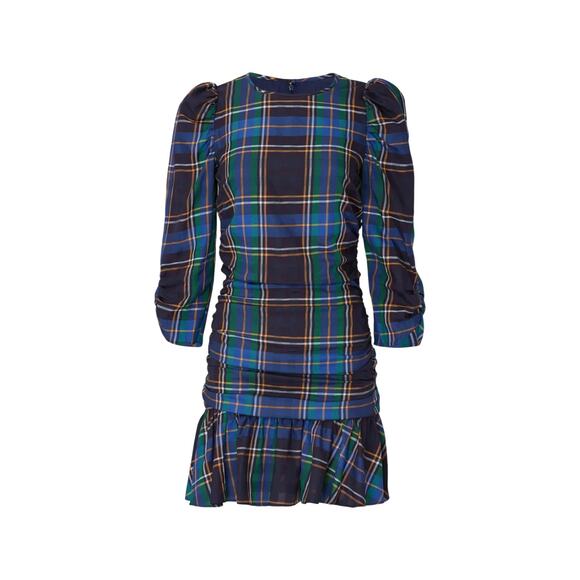 Tanya Taylor Dresses & Skirts - Tanya Taylor Raven Tartan Mini Dress Women’s 8 Ruched Preppy Blue Green Cotton